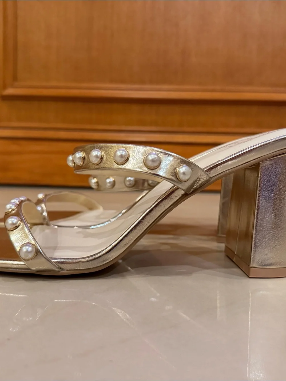 Pearl-Embellished Metallic Wedge Sandals - Gold